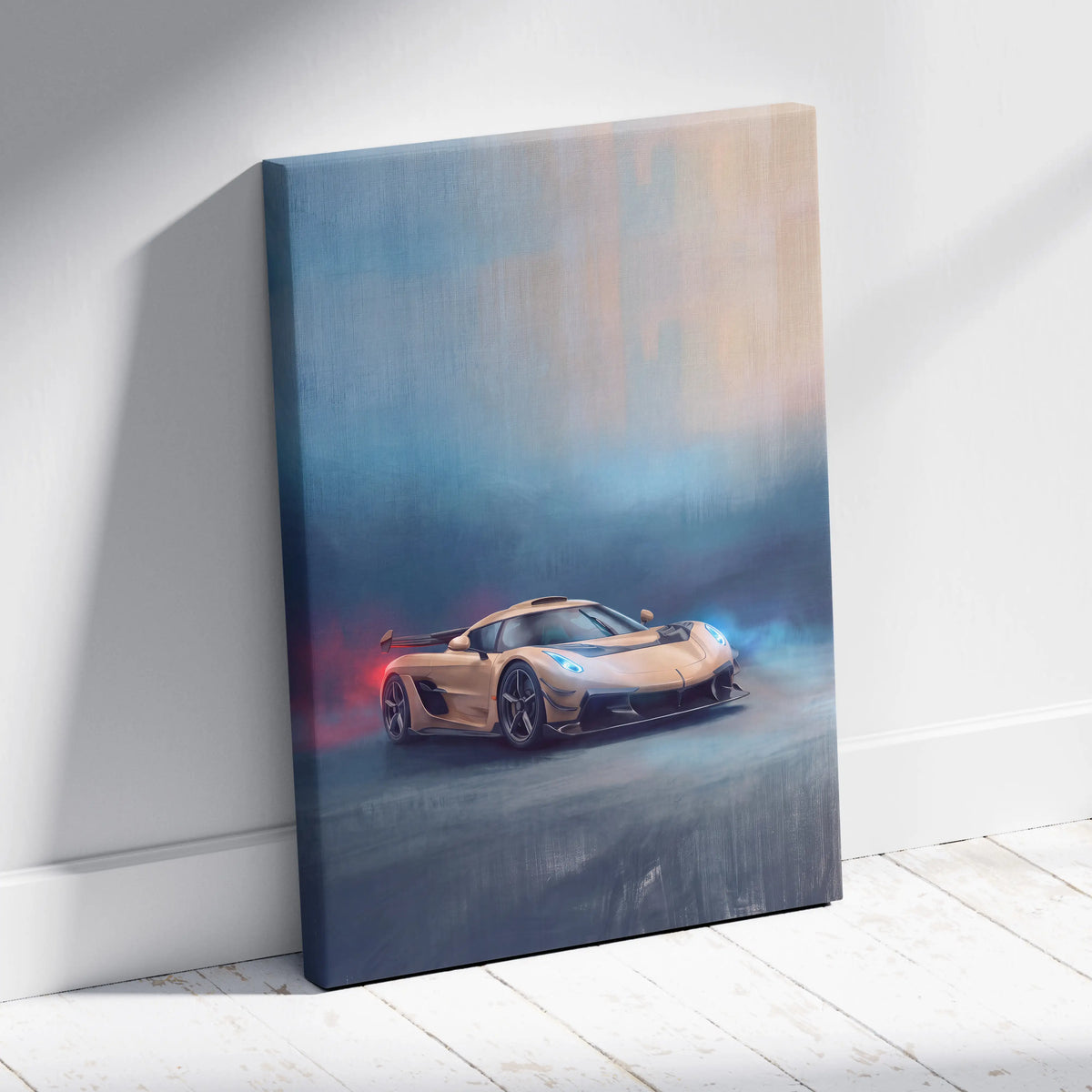 A canvas print of a golden Koenigsegg Jesko hypercar speeding through mist with blue headlights and red taillights