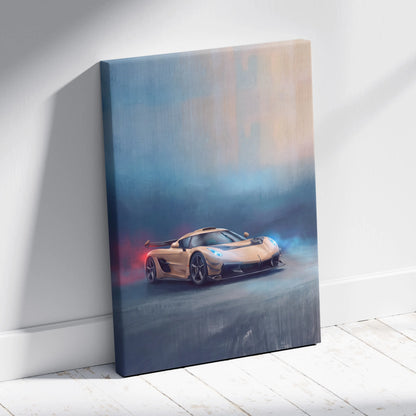 A canvas print of a golden Koenigsegg Jesko hypercar speeding through mist with blue headlights and red taillights