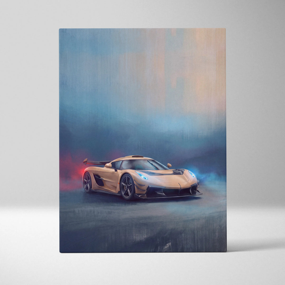 A sleek gold koenigsegg jesko inspired hypercar in a smoky dynamic artistic rendering on canvas wall art print