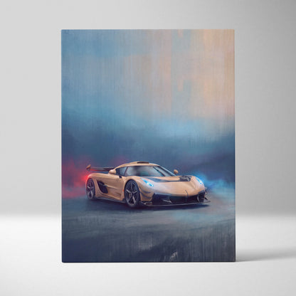 A sleek gold koenigsegg jesko inspired hypercar in a smoky dynamic artistic rendering on canvas wall art print
