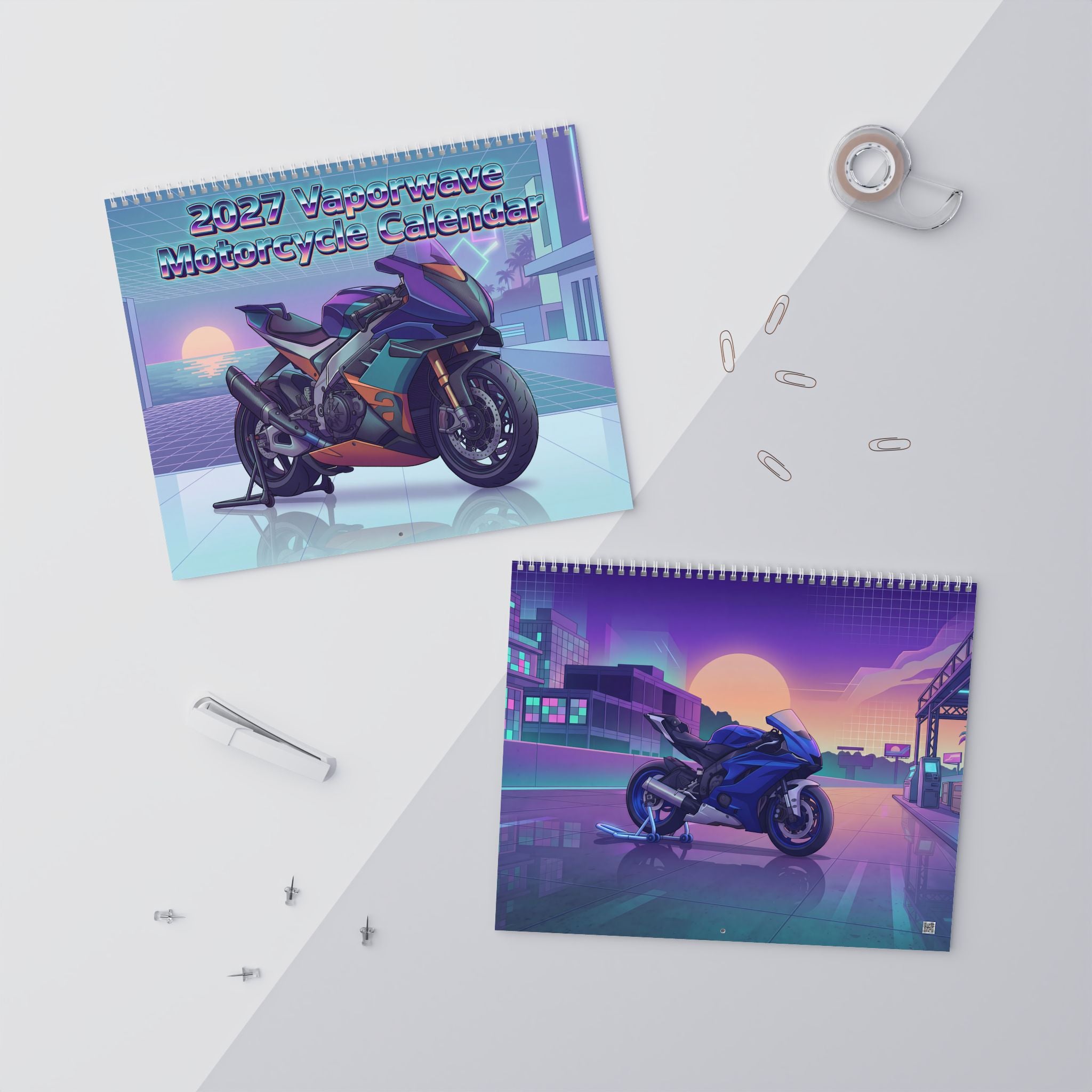 2027 Superbike Vaporwave Art Calendar – High Performance Motorcycles & Neon Street Artwork Collection