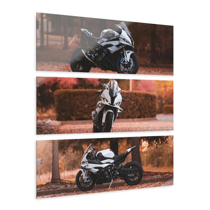 BMW S1000RR motorcycle canvas art wall art set of three horizontal panels with autumn background.