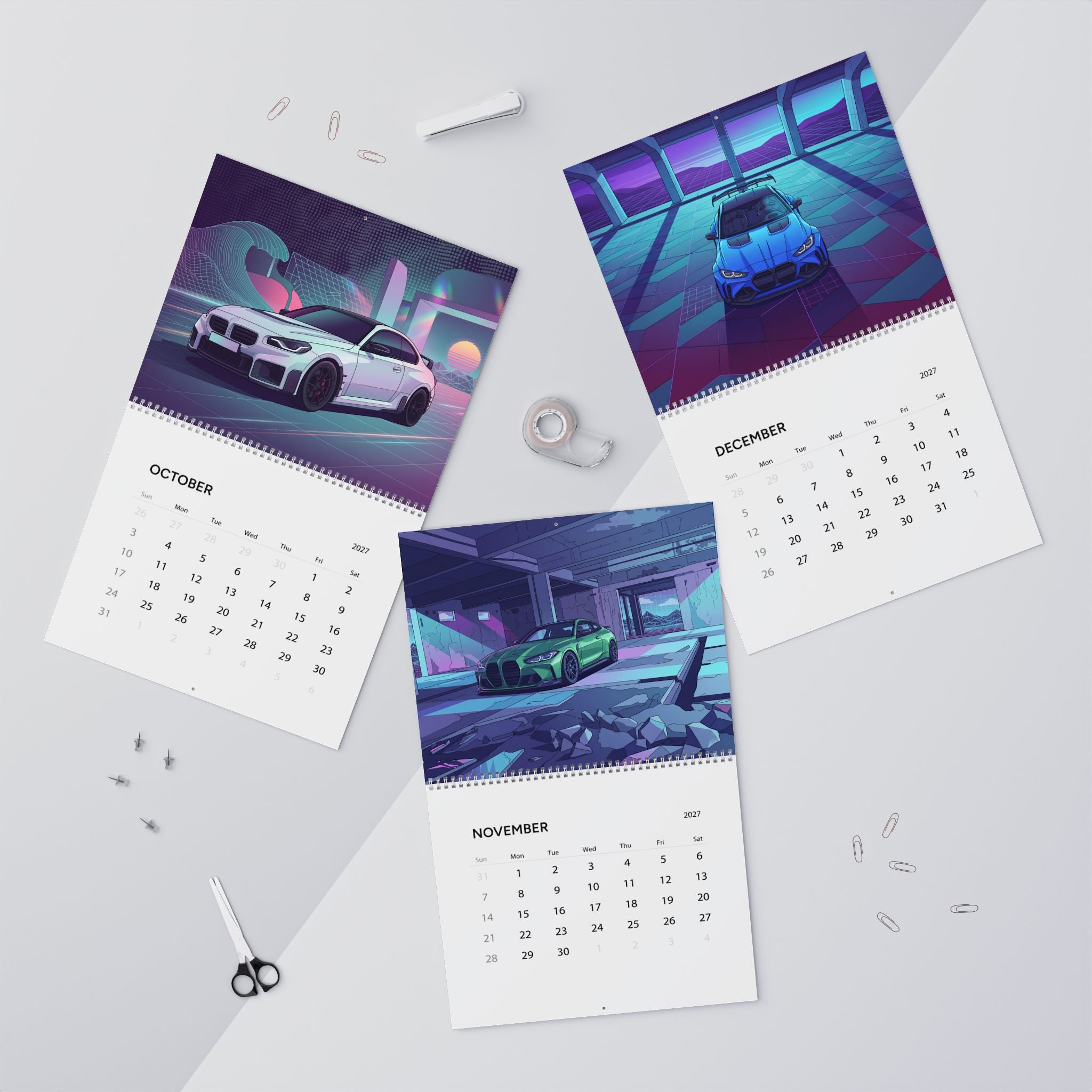 2027 European Car Vaporwave Wall Calendar – BMW Inspired Performance Cars & Retro Neon Artwork Collection
