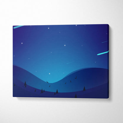 Minimalist meteor shower over blue hills in deep navy cyan night sky canvas art