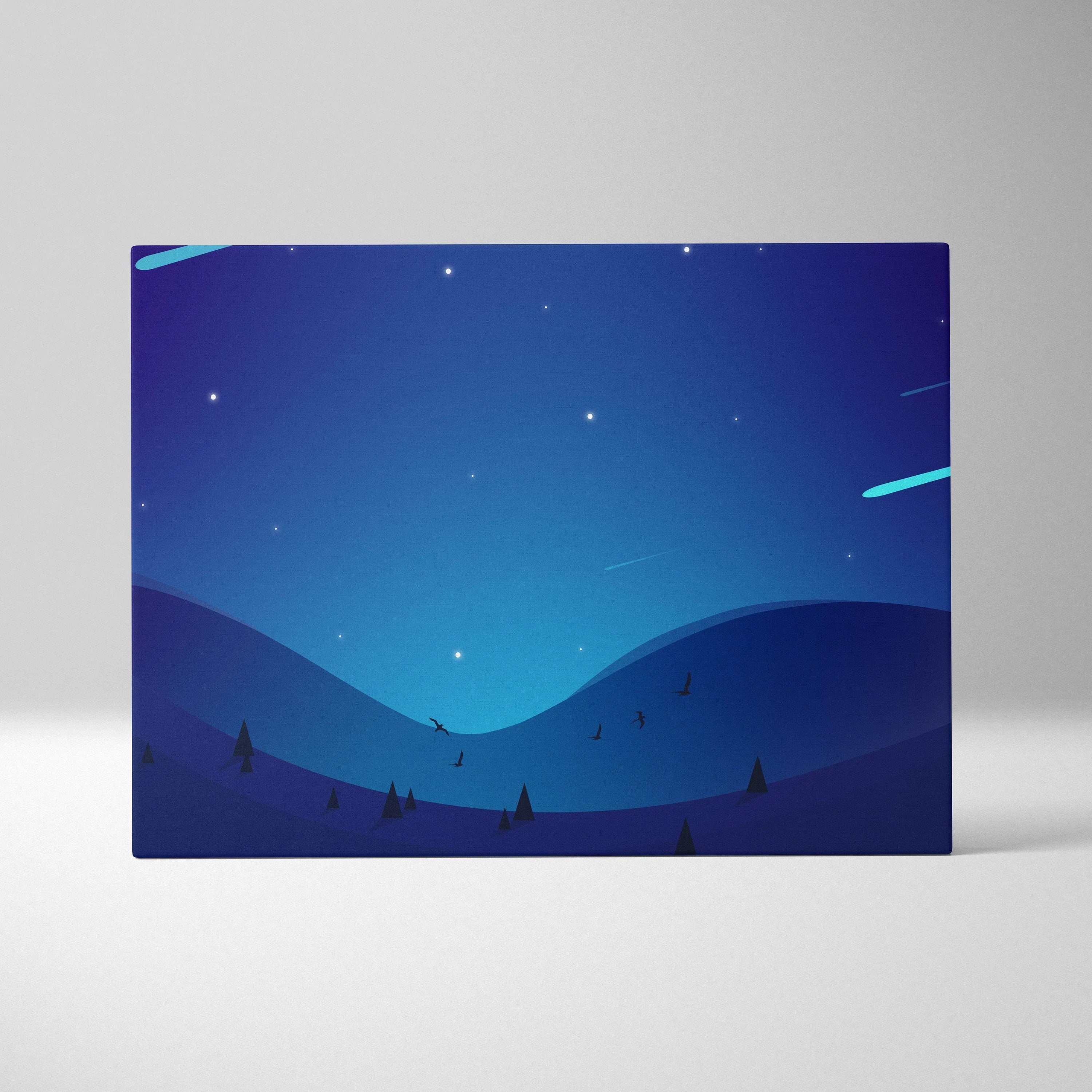 Minimalist meteor shower over blue hills canvas art in navy cyan night sky