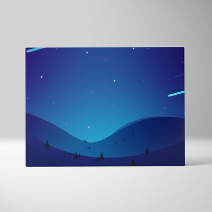 Minimalist meteor shower over blue hills canvas art in navy cyan night sky