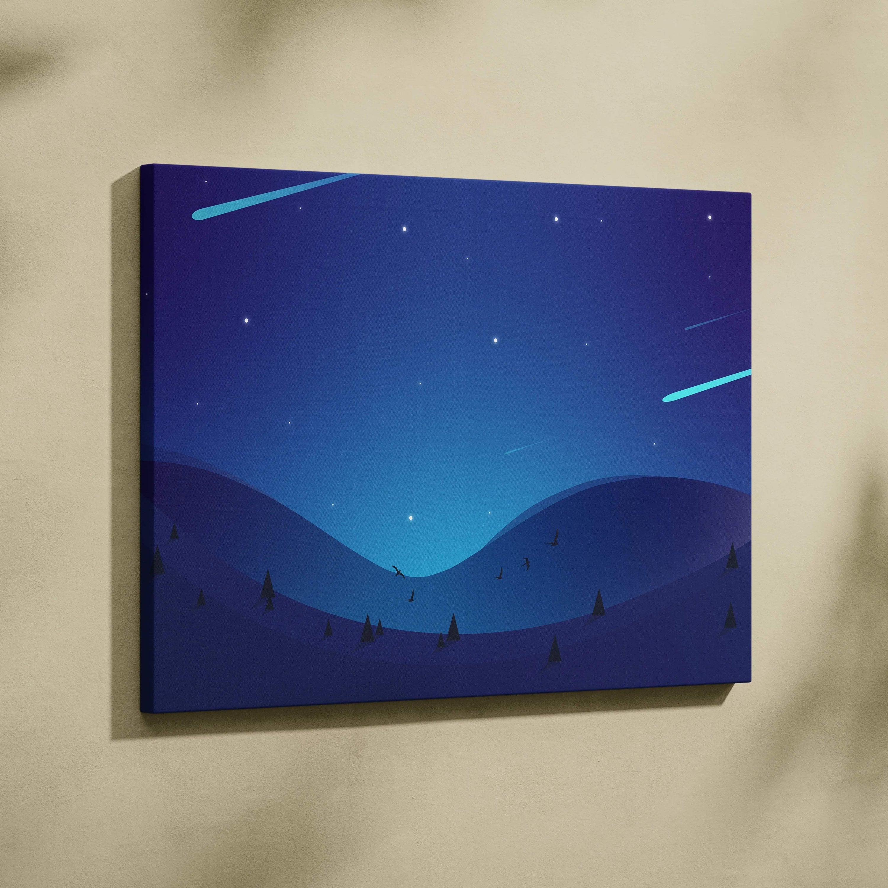 Minimalist meteor shower over blue hills in deep navy cyan night sky canvas print