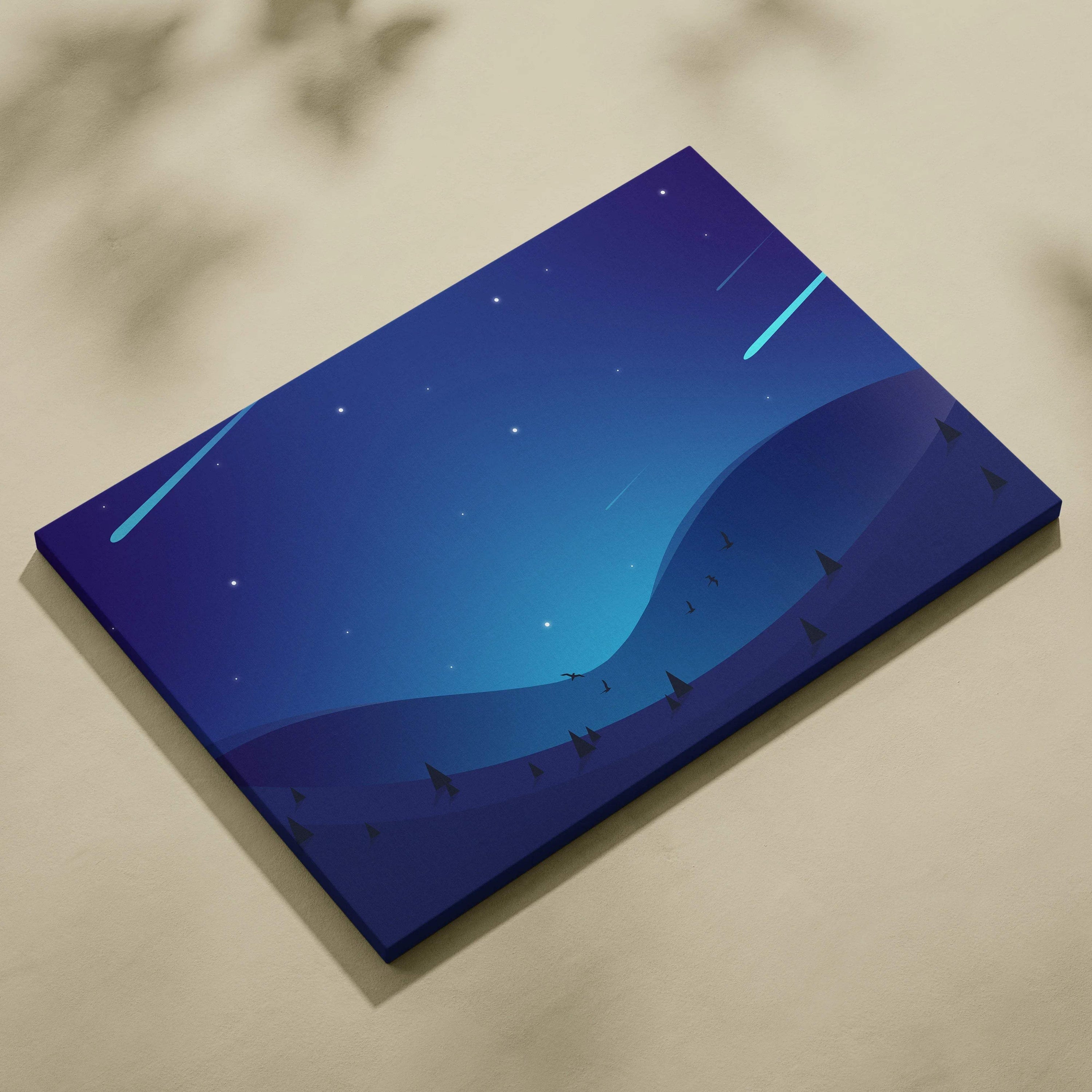 Minimalist meteor shower over blue hills canvas wall art in deep navy cyan night sky