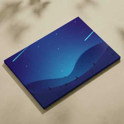 Minimalist meteor shower over blue hills canvas wall art in deep navy cyan night sky