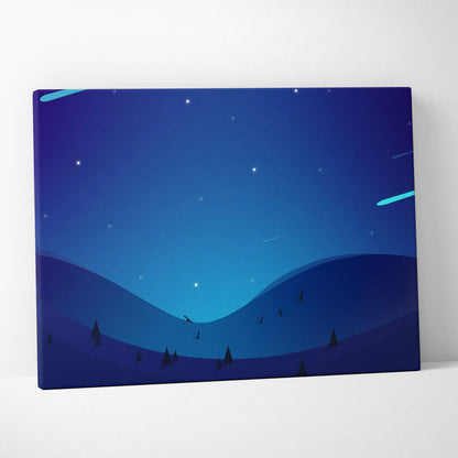 Minimalist meteor shower over blue hills canvas wall art in navy cyan night sky