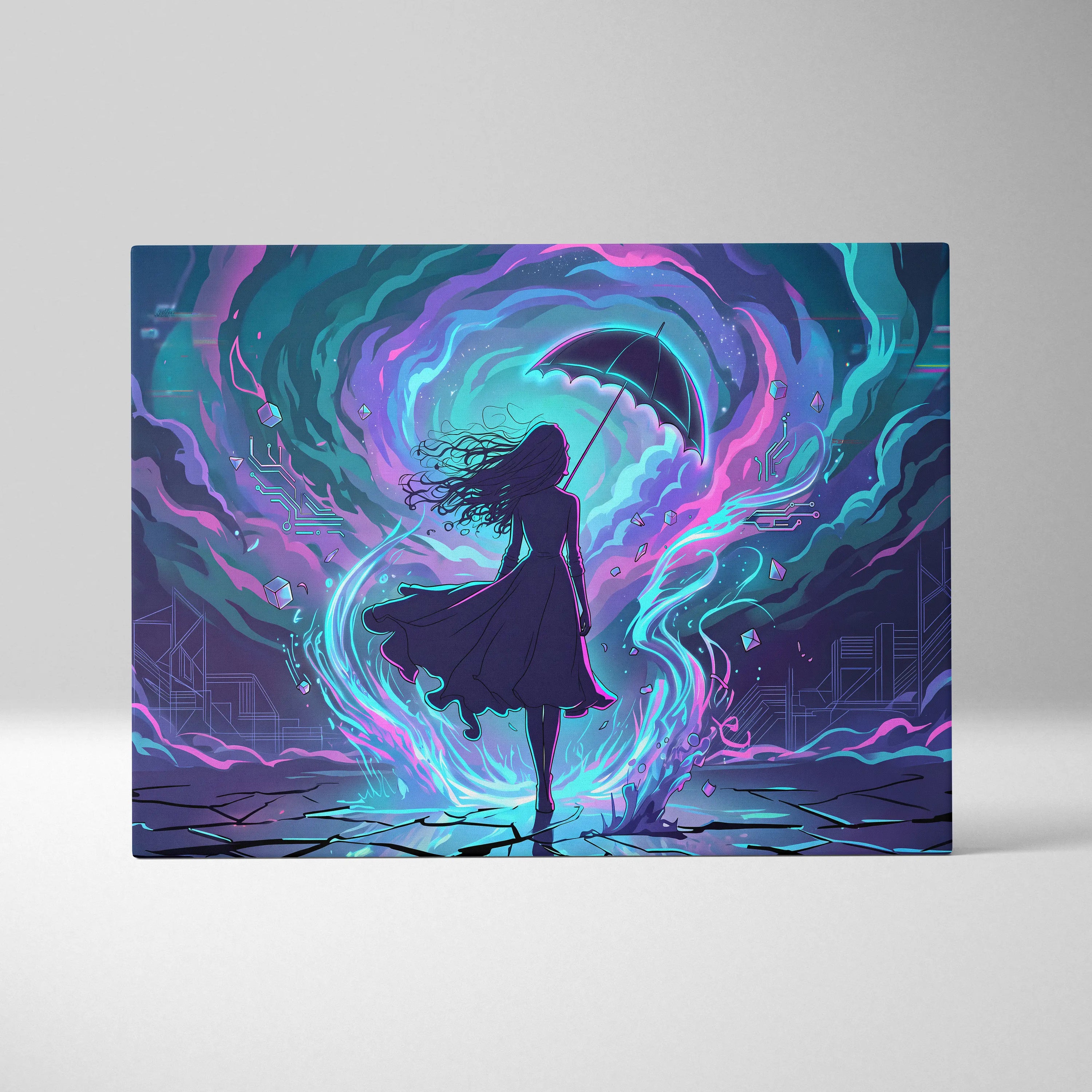 Vaporwave Neon Umbrella Fantasy - Woman Umbrella Neon Pink Teal Vaporwave Dreamy Retro Neon Wall Art Canvas