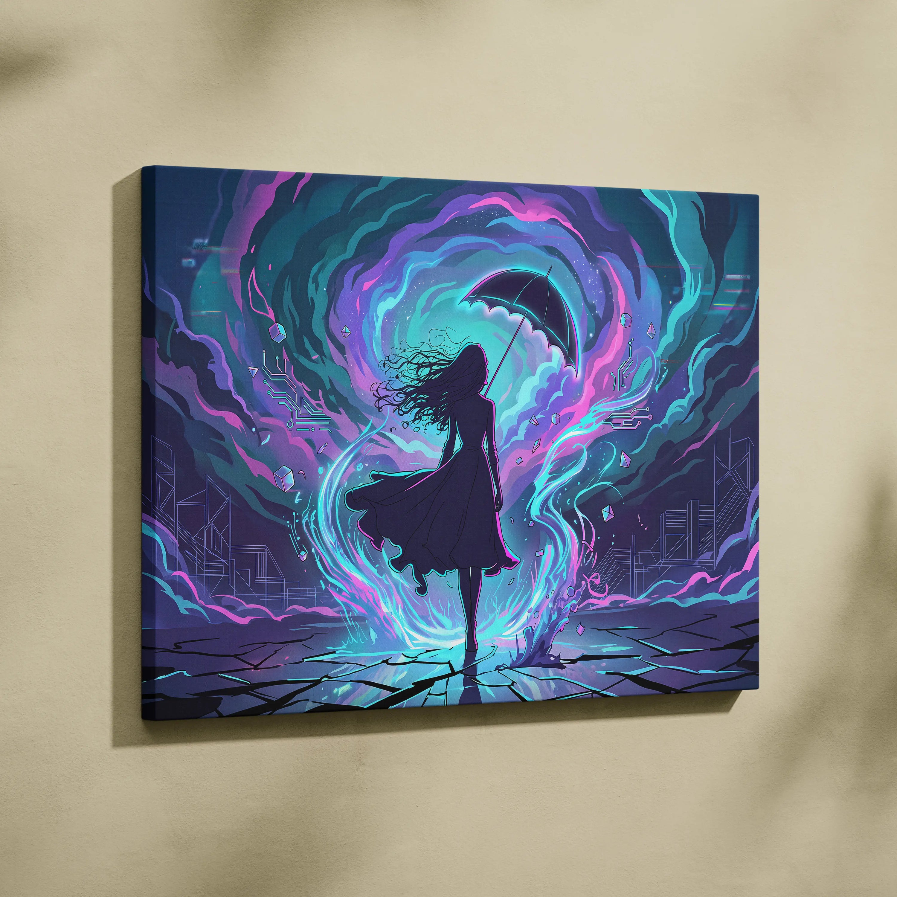 Vaporwave Neon Umbrella Fantasy - Woman Umbrella Neon Pink Teal Vaporwave Dreamy Retro Neon Wall Art Canvas