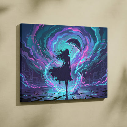 Vaporwave Neon Umbrella Fantasy - Woman Umbrella Neon Pink Teal Vaporwave Dreamy Retro Neon Wall Art Canvas