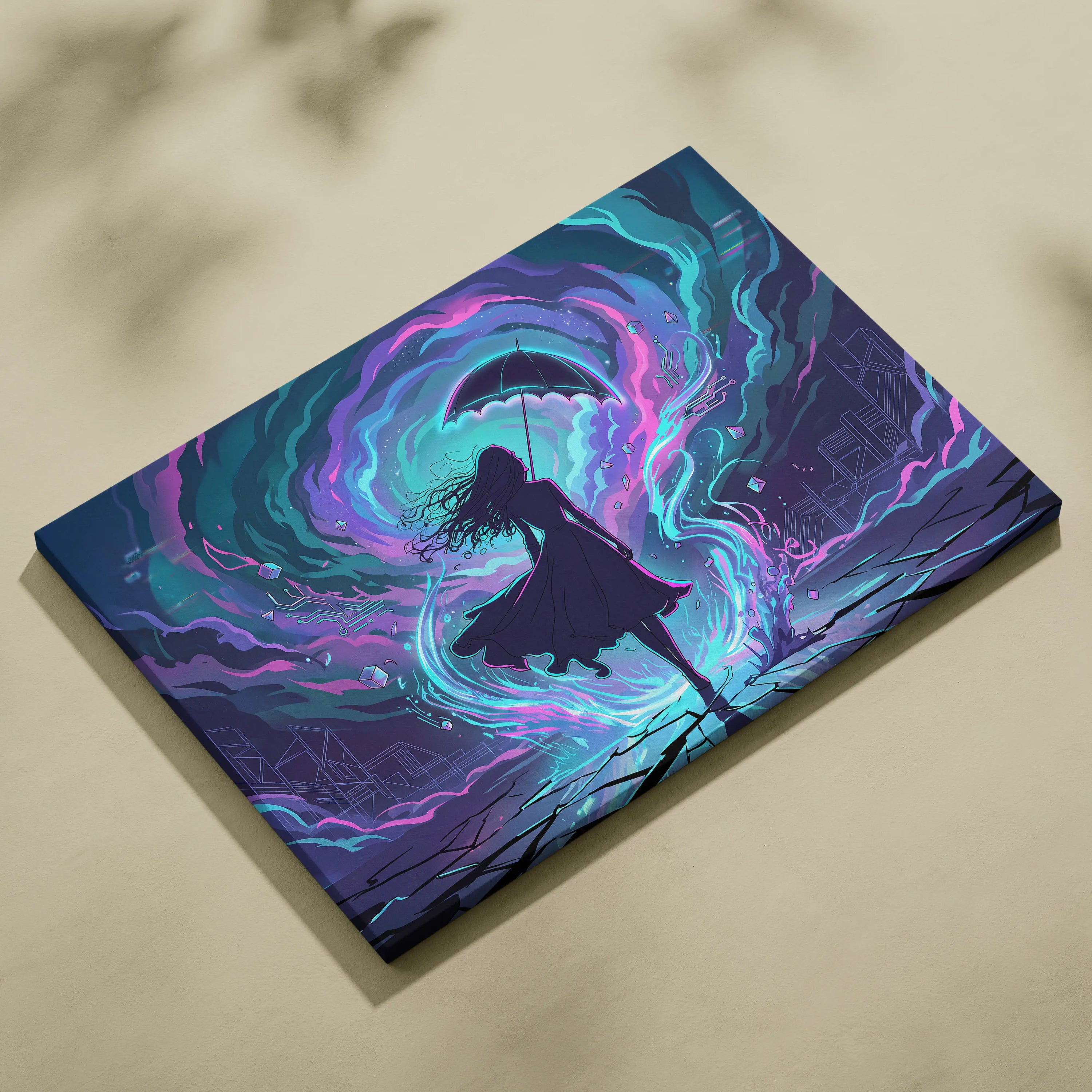 Vaporwave Neon Umbrella Fantasy - Woman Umbrella Neon Pink Teal Vaporwave Dreamy Retro Neon Wall Art Canvas