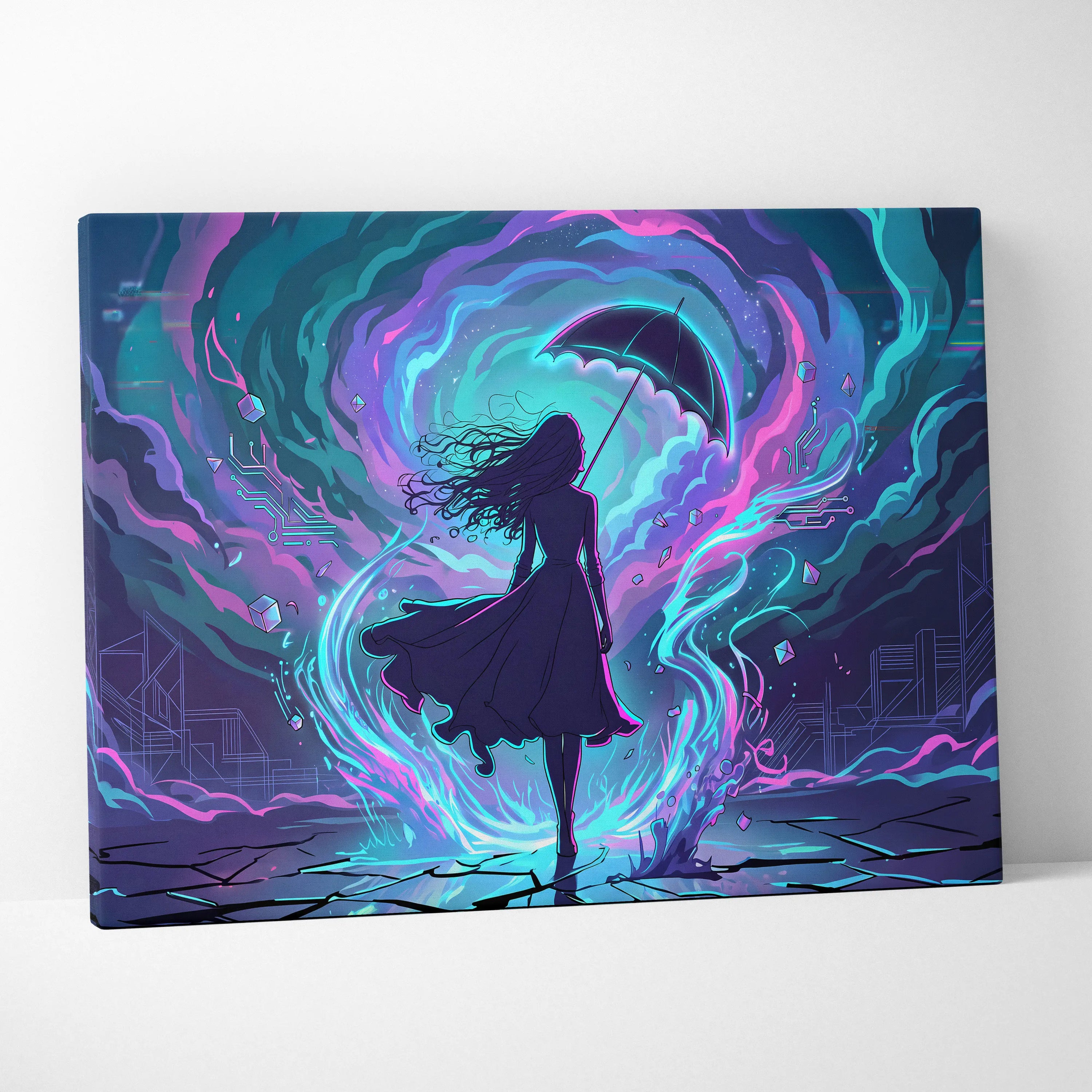 Vaporwave Neon Umbrella Fantasy - Woman Umbrella Neon Pink Teal Vaporwave Dreamy Retro Neon Wall Art Canvas