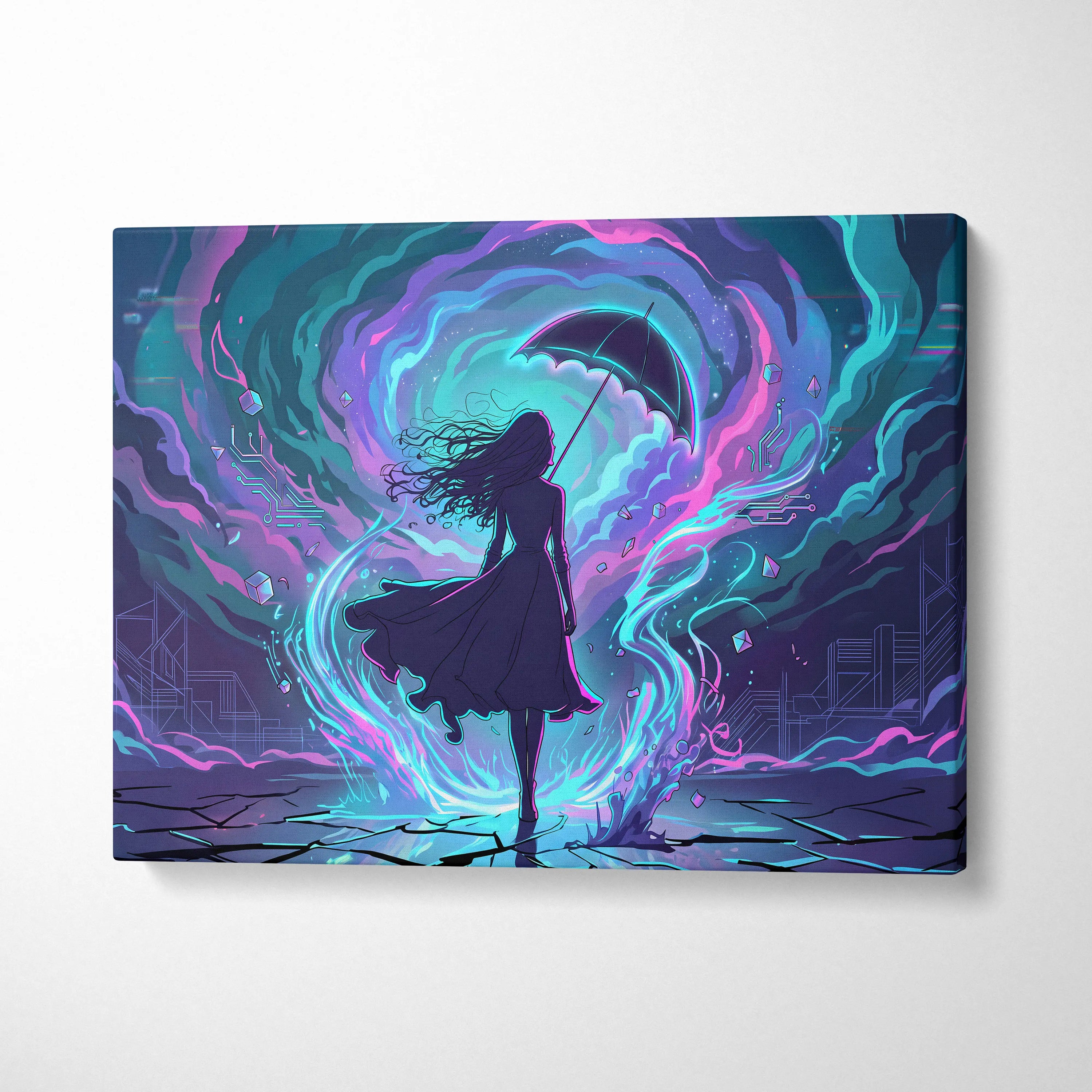 Vaporwave Neon Umbrella Fantasy - Woman Umbrella Neon Pink Teal Vaporwave Dreamy Retro Neon Wall Art Canvas