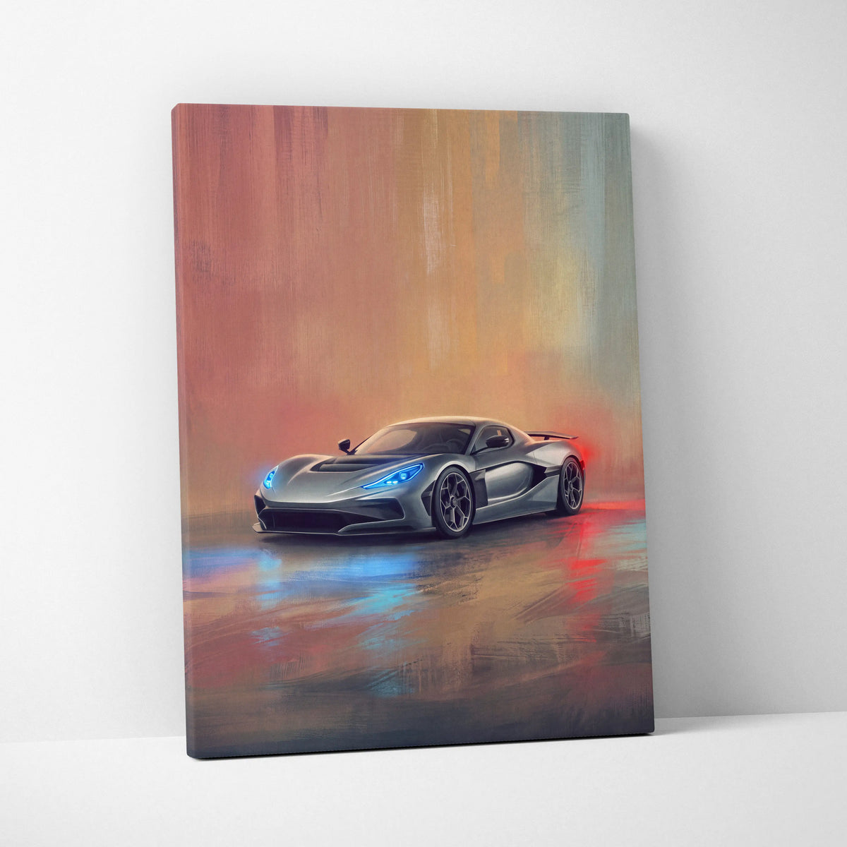 Silver Rimac Nevera inspired canvas art featuring blue headlight sports car on reflective surface for premium wall decor
