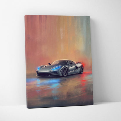 Silver Rimac Nevera inspired canvas art featuring blue headlight sports car on reflective surface for premium wall decor