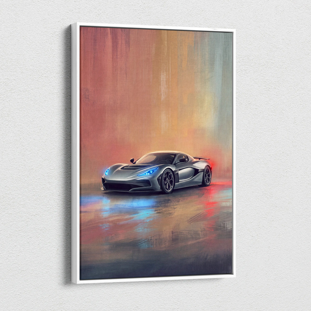Rimac nevera inspired canvas art featuring a silver futuristic sports car with glowing blue headlights in vibrant abstract style