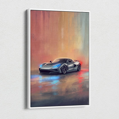 Rimac nevera inspired canvas art featuring a silver futuristic sports car with glowing blue headlights in vibrant abstract style