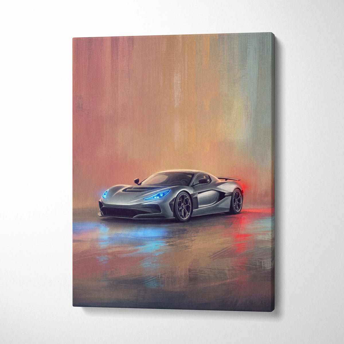 Rimac Nevera inspired canvas art featuring a silver futuristic sports car with glowing blue headlights and red taillights