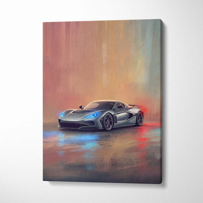 Rimac Nevera inspired canvas art featuring a silver futuristic sports car with glowing blue headlights and red taillights
