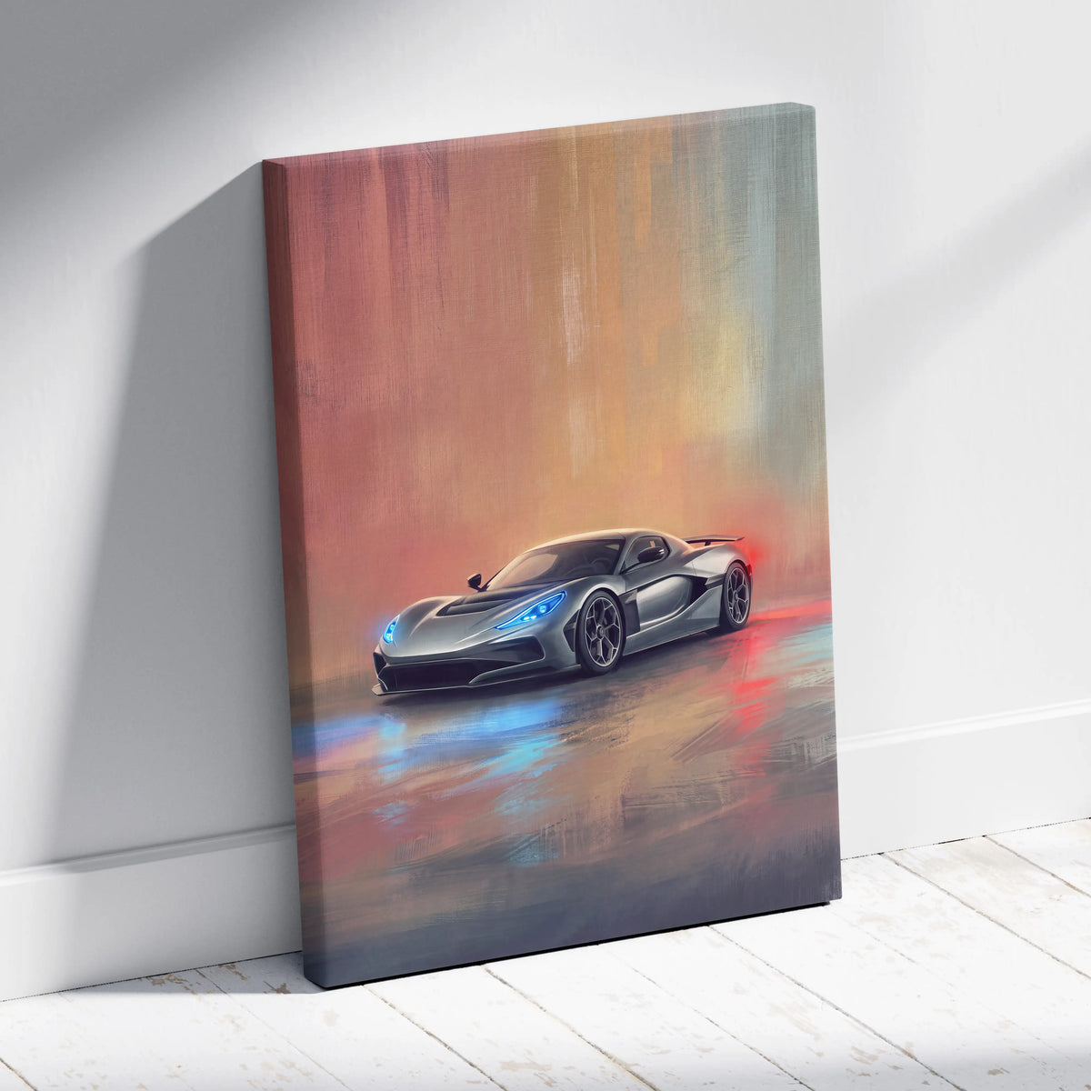 A sleek metallic gray rimac nevera inspired canvas art with glowing blue headlights on a colorful abstract background