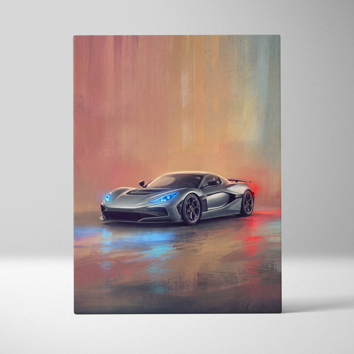Silver Rimac Nevera inspired canvas art featuring a futuristic sports car with glowing blue headlights and aerodynamic design