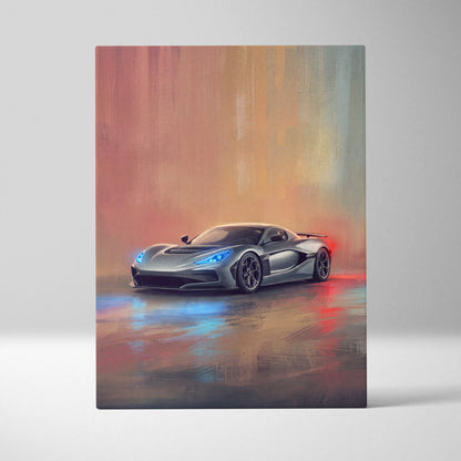Silver Rimac Nevera inspired canvas art featuring a futuristic sports car with glowing blue headlights and aerodynamic design
