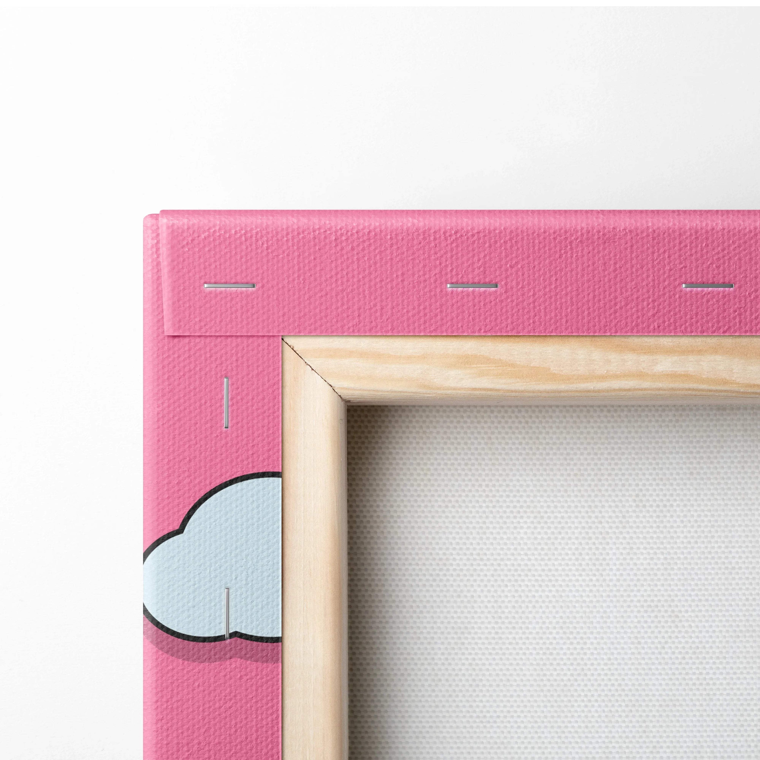 Pink canvas with light blue cloud design in natural wood frame