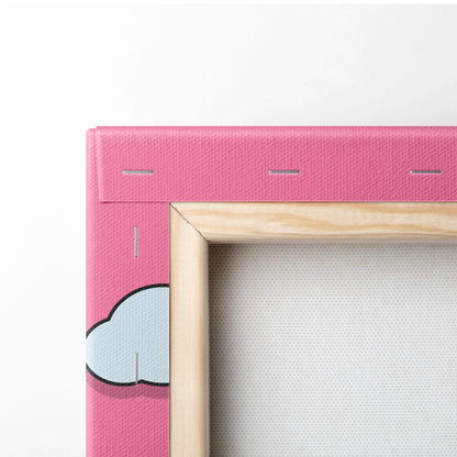 Pink canvas with light blue cloud design in natural wood frame