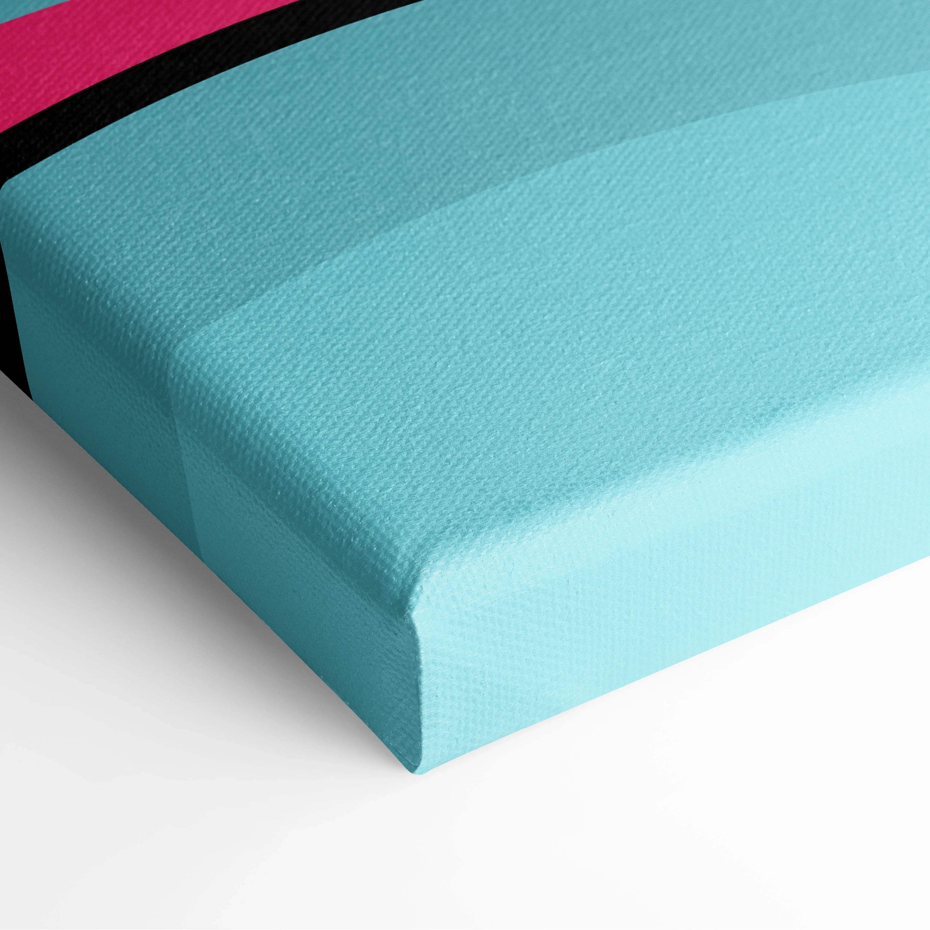 Teal canvas print with pink black stripe playful pop art sky hills sun clouds