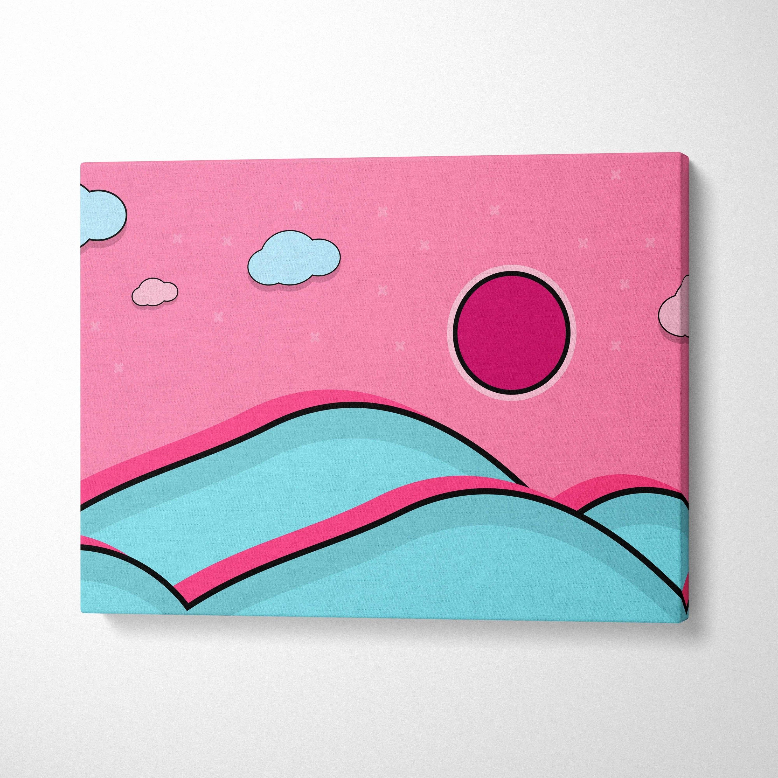 Vibrant pink teal cartoon landscape canvas with magenta sun pastel clouds wavy hills