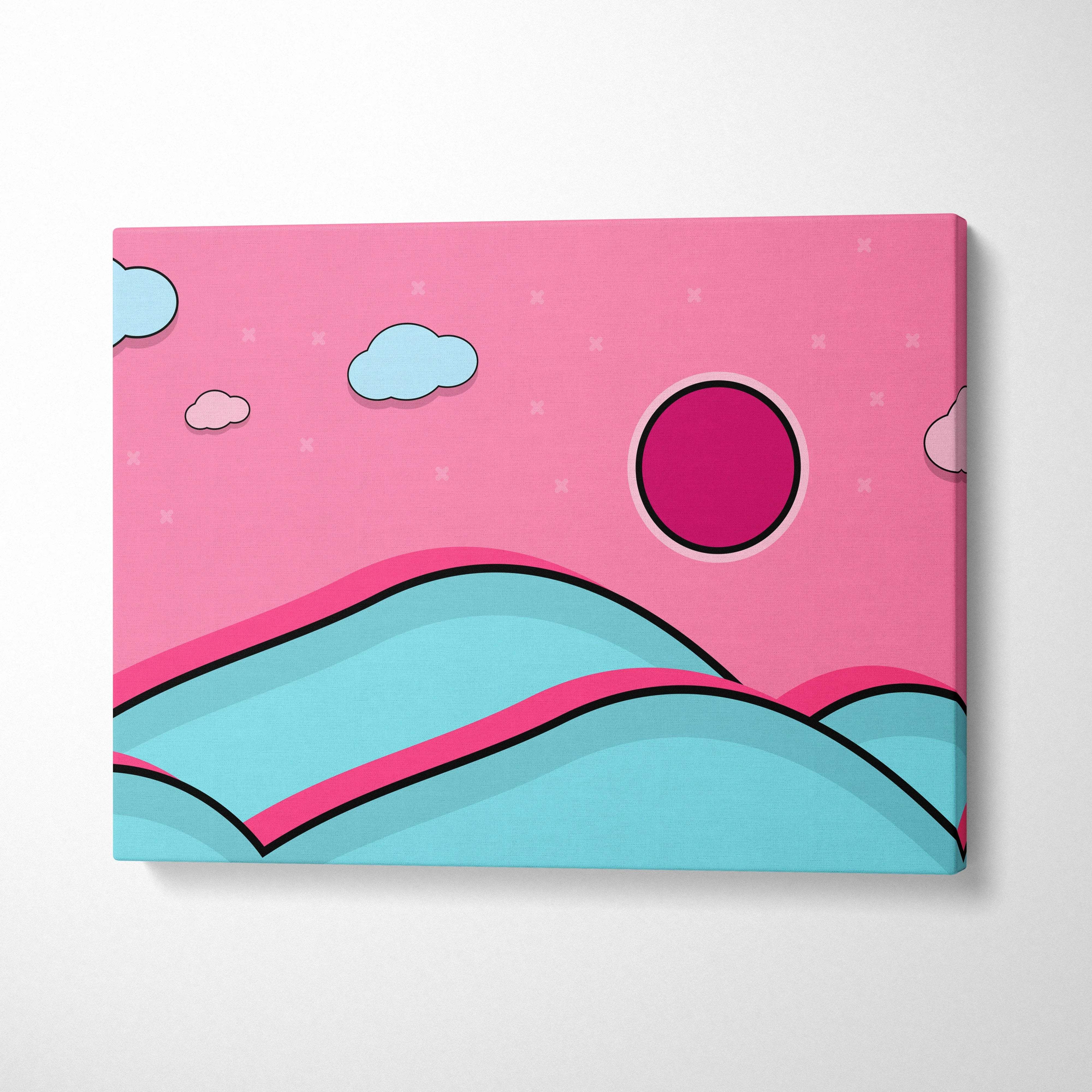Vibrant pink teal cartoon landscape canvas with magenta sun pastel clouds wavy hills