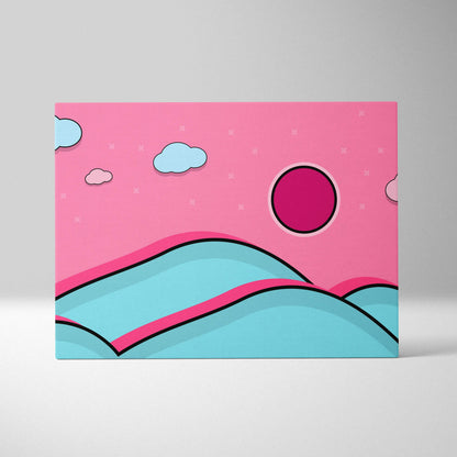 Playful pop art pink candy sky over teal hills canvas wall art