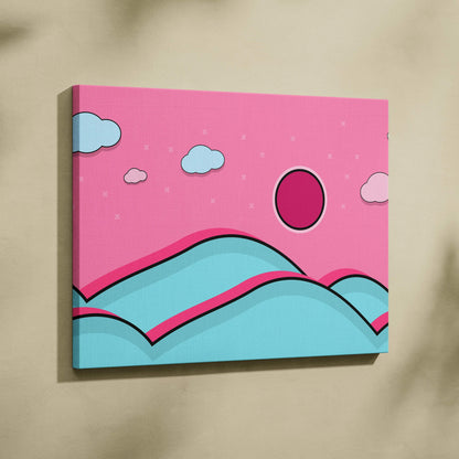 Vibrant pink teal cartoon landscape with mountains clouds magenta sun starry sky canvas