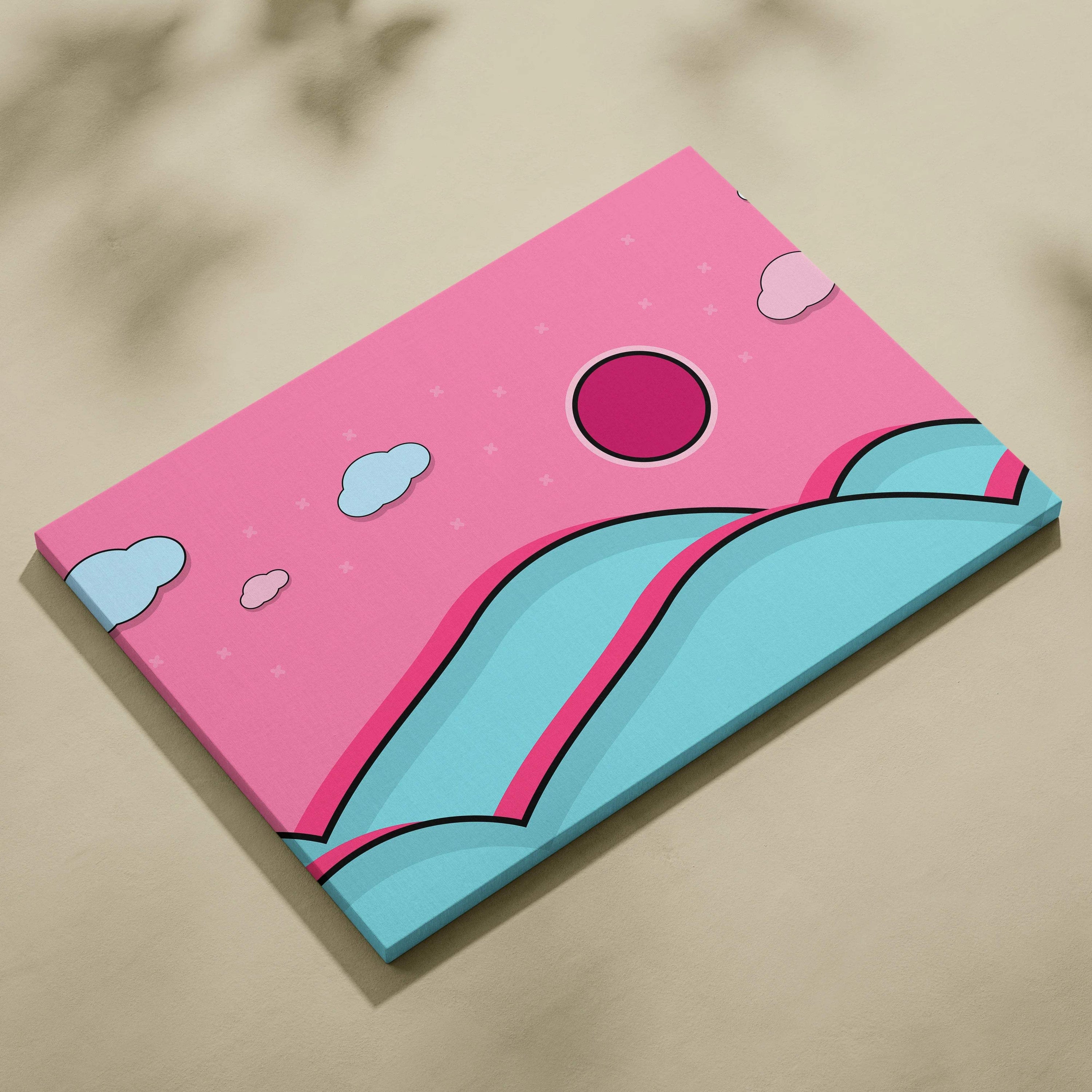 Playful pop art pink candy sky over teal hills canvas wall art
