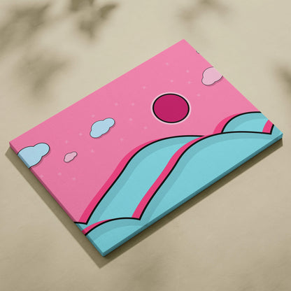 Playful pop art pink candy sky over teal hills canvas wall art