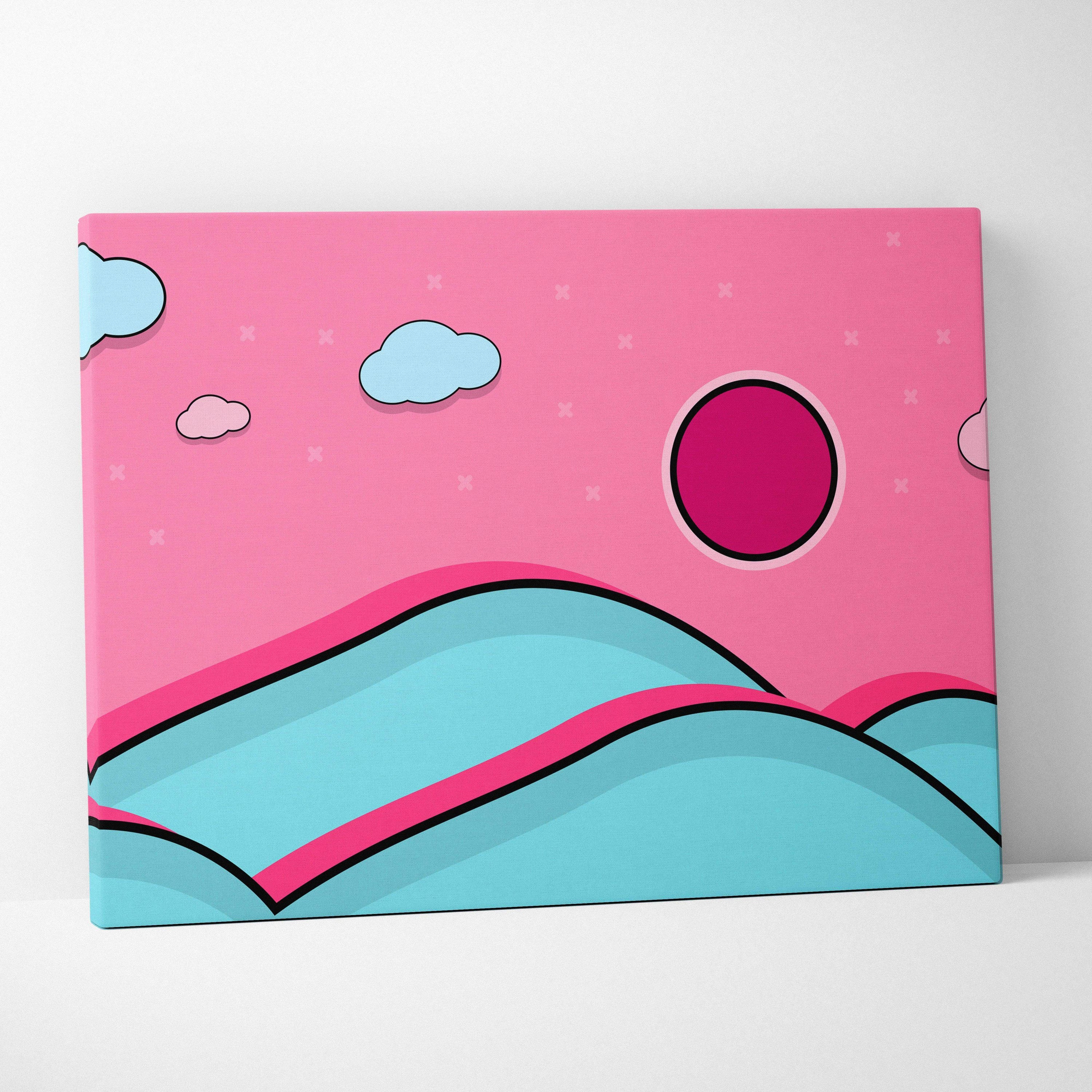 Playful pop art pink candy sky over teal hills with bold magenta sun and pastel clouds canvas print