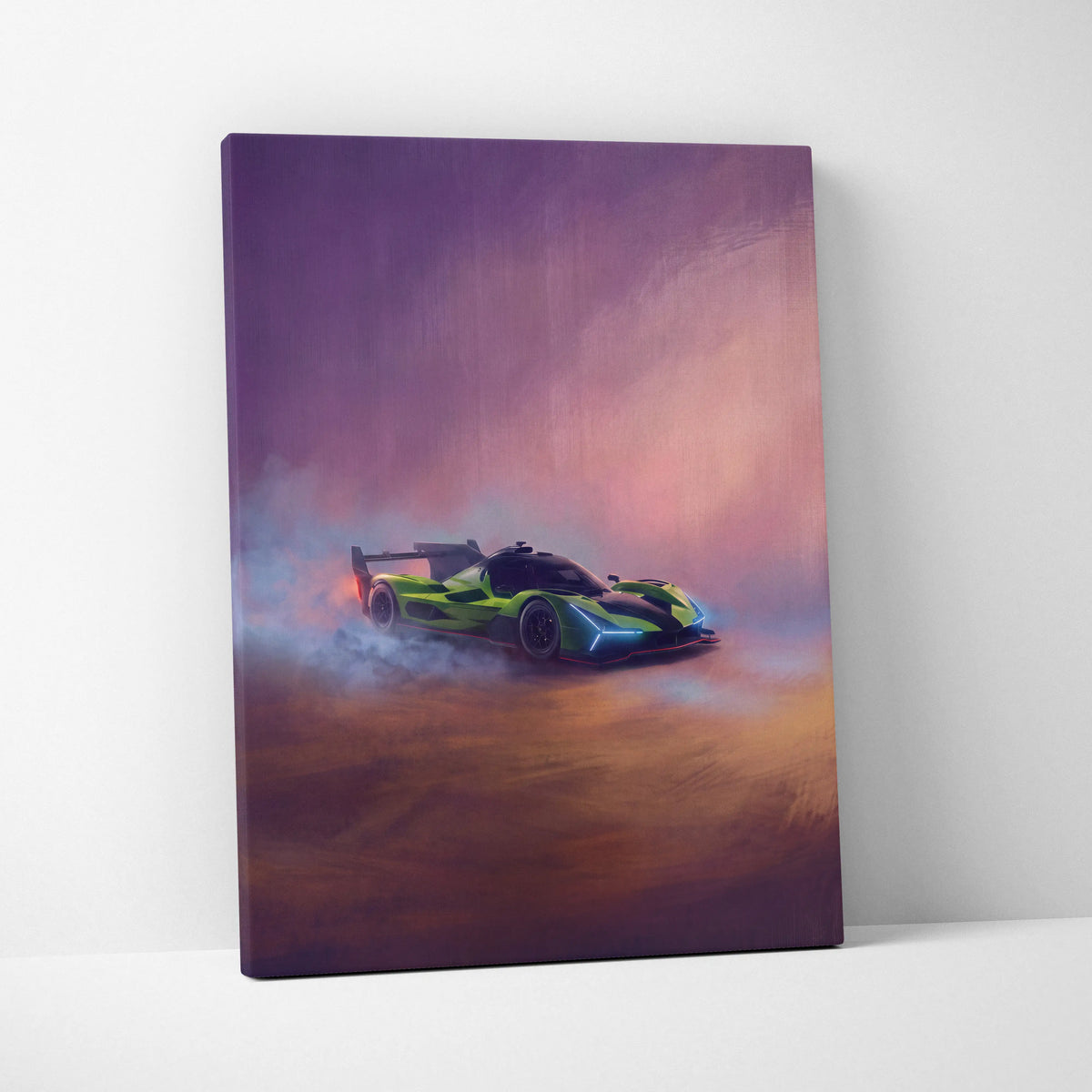 Lamborghini sc63 inspired racing car wall art canvas print in lime green black with glowing blue accents drifting through misty colors