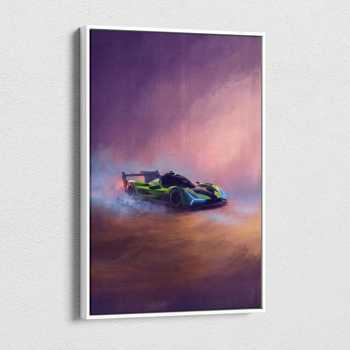 A framed canvas print of a vibrant green and black Lamborghini SC63 inspired car drifting against a purple sky