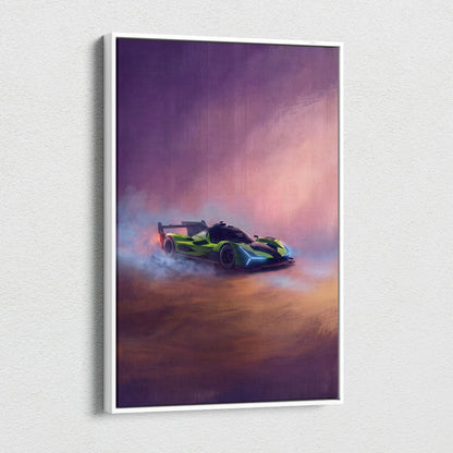 A framed canvas print of a vibrant green and black Lamborghini SC63 inspired car drifting against a purple sky