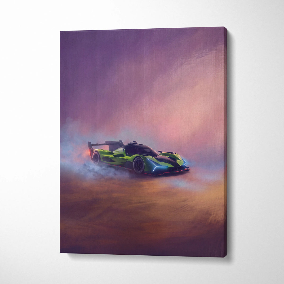 Lamborghini sc63 inspired car wall art canvas featuring a vibrant lime green and black racing car with glowing blue accents