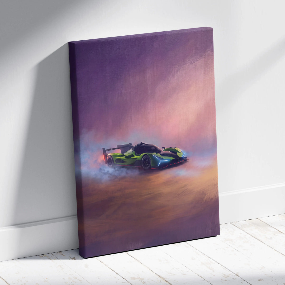 Lamborghini SC63 inspired green and blue race car canvas print showing drifting car against purple orange sky