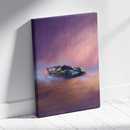 Lamborghini SC63 inspired green and blue race car canvas print showing drifting car against purple orange sky