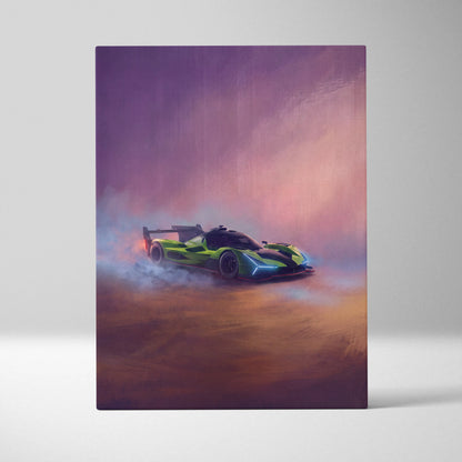 Lamborghini SC63 inspired car wall art featuring lime green and black racing car with blue accents on canvas print