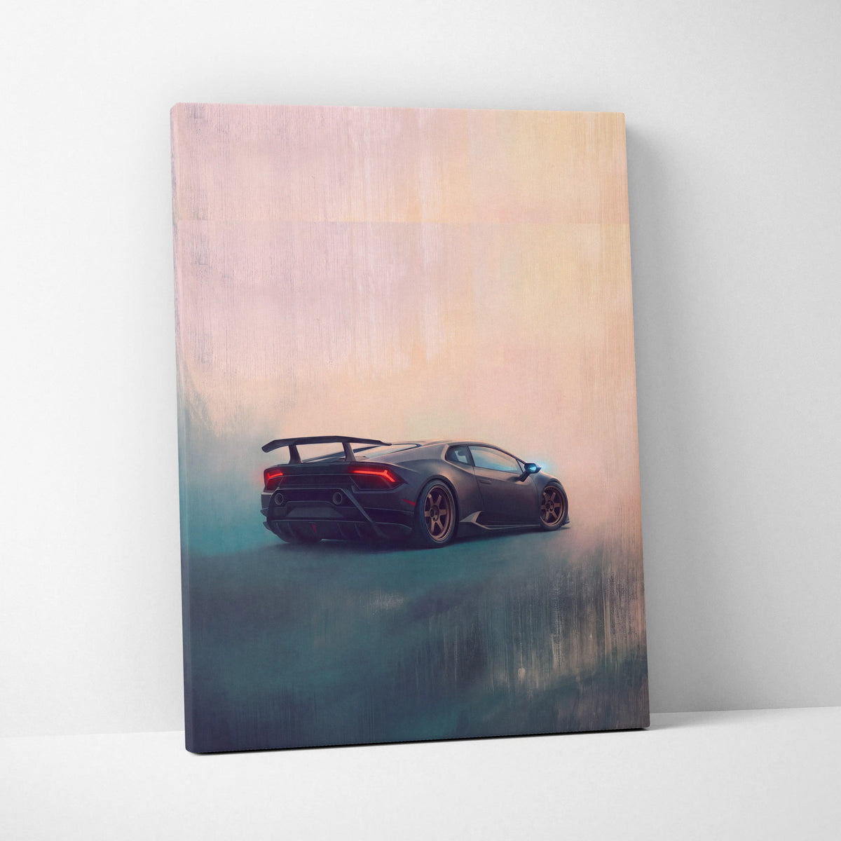 A sleek black Lamborghini Huracán sports car with glowing red taillights and bronze wheels on a stylized canvas print
