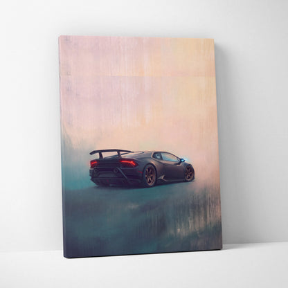 A sleek black Lamborghini Huracán sports car with glowing red taillights and bronze wheels on a stylized canvas print