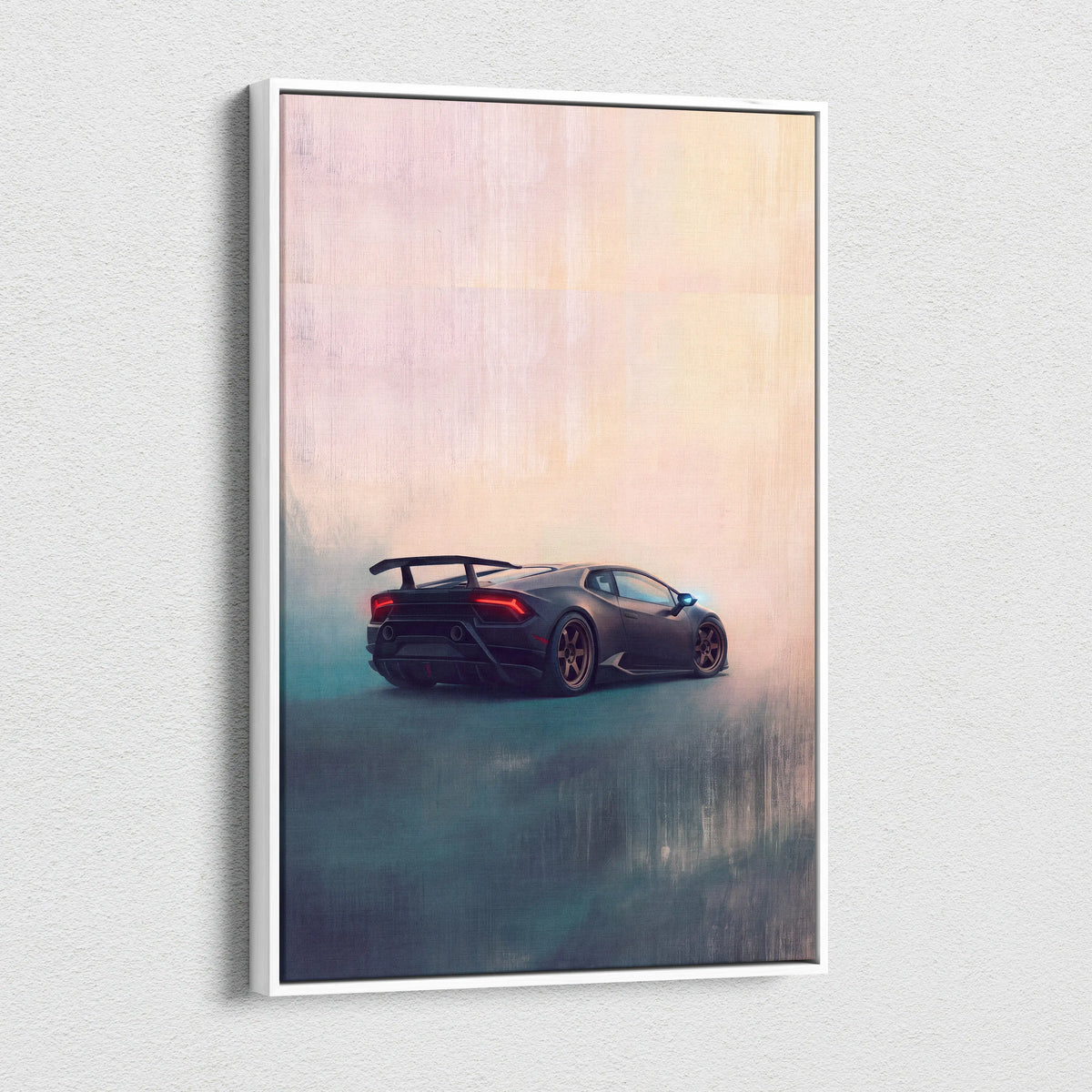 Black Lamborghini Huracán inspired automotive wall art featuring glowing red taillights and metallic rims on canvas print