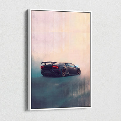 Black Lamborghini Huracán inspired automotive wall art featuring glowing red taillights and metallic rims on canvas print